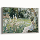 Framed abstract figurative canvas art with a silver frame, showcasing vibrant colors and dynamic shapes, perfect for modern home décor or gallery display.