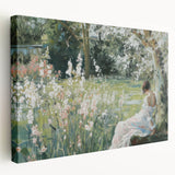 Abstract figurative stretched canvas artwork showcasing vibrant colors and dynamic shapes, ideal for modern home decor. Side view highlights its depth and texture.