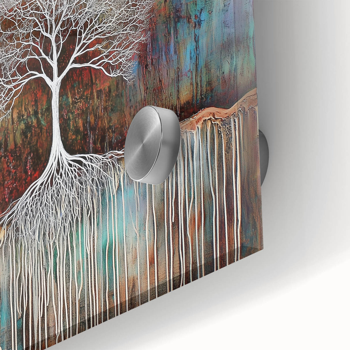 Close-up of vibrant abstract floral acrylic artwork on glass, showcasing intricate details and rich color gradients, perfect for modern home decor.