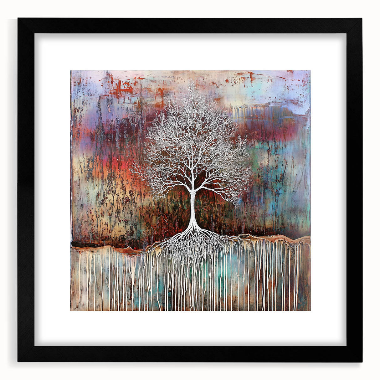 Abstract floral frame with a black mat, showcasing vibrant colors and intricate patterns, perfect for modern home decor or gallery displays. Ideal for enhancing interior aesthetics.