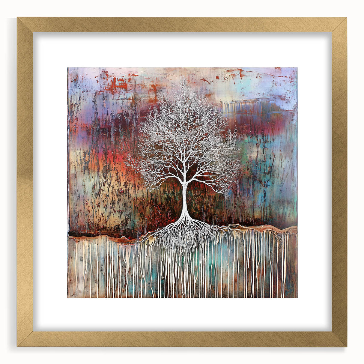 Abstract floral design framed in gold, showcasing vibrant colors and intricate patterns, perfect for modern decor. Ideal for enhancing wall aesthetics in any space.