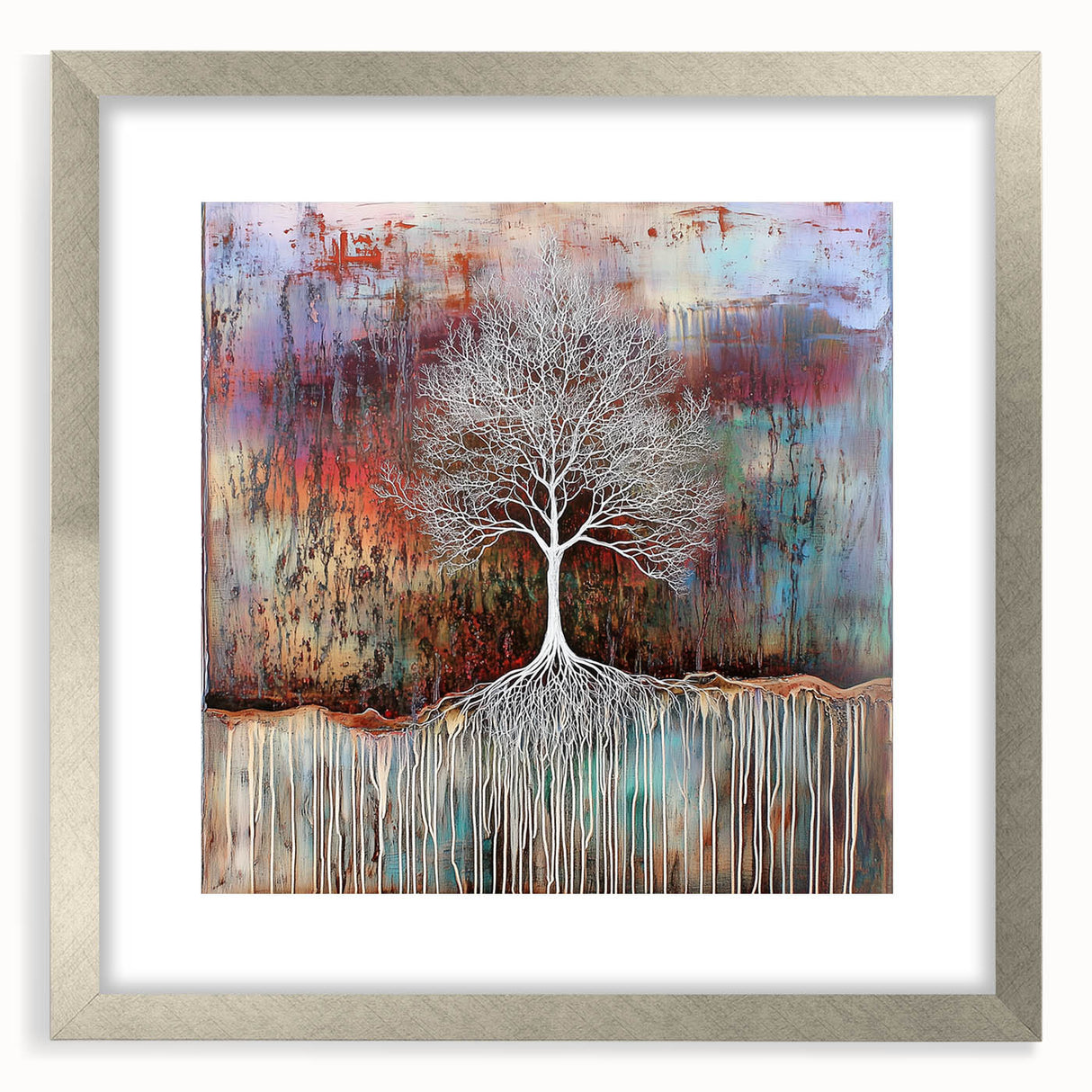 Abstract floral art frame in silver, featuring vibrant colors and intricate designs, perfect for modern decor, showcased from a front view with a mat.