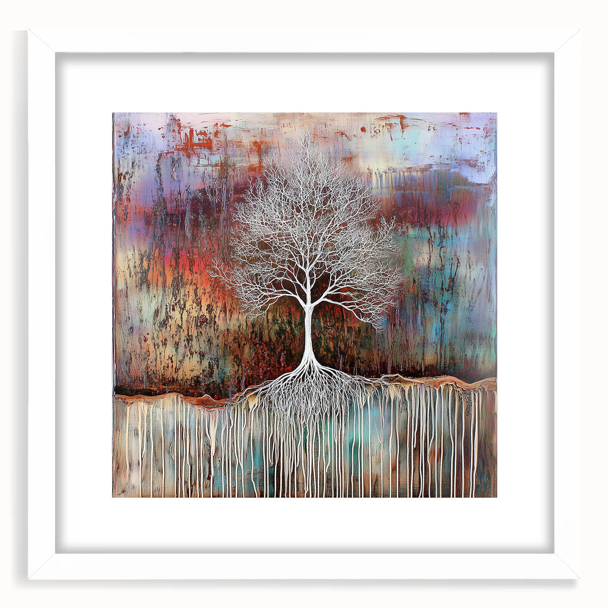 Abstract floral frame design in a white mat, showcasing vibrant colors and intricate patterns, perfect for home decor or art displays. Ideal for enhancing interior aesthetics.