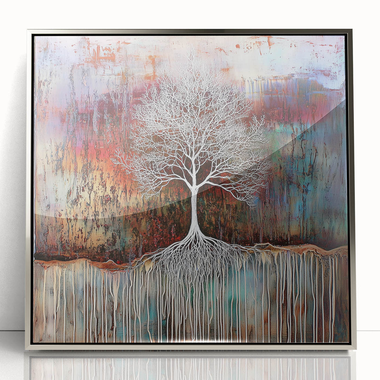 Framed acrylic artwork showcasing an abstract floral design in vibrant colors, set in a sleek silver frame, perfect for modern home decor.