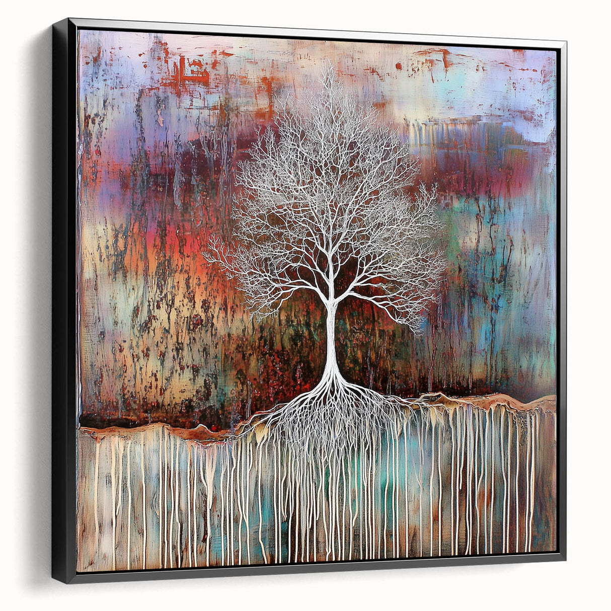 Framed canvas print showcasing abstract floral designs in vibrant colors, set against a sleek black background, ideal for modern home decor or wall art.