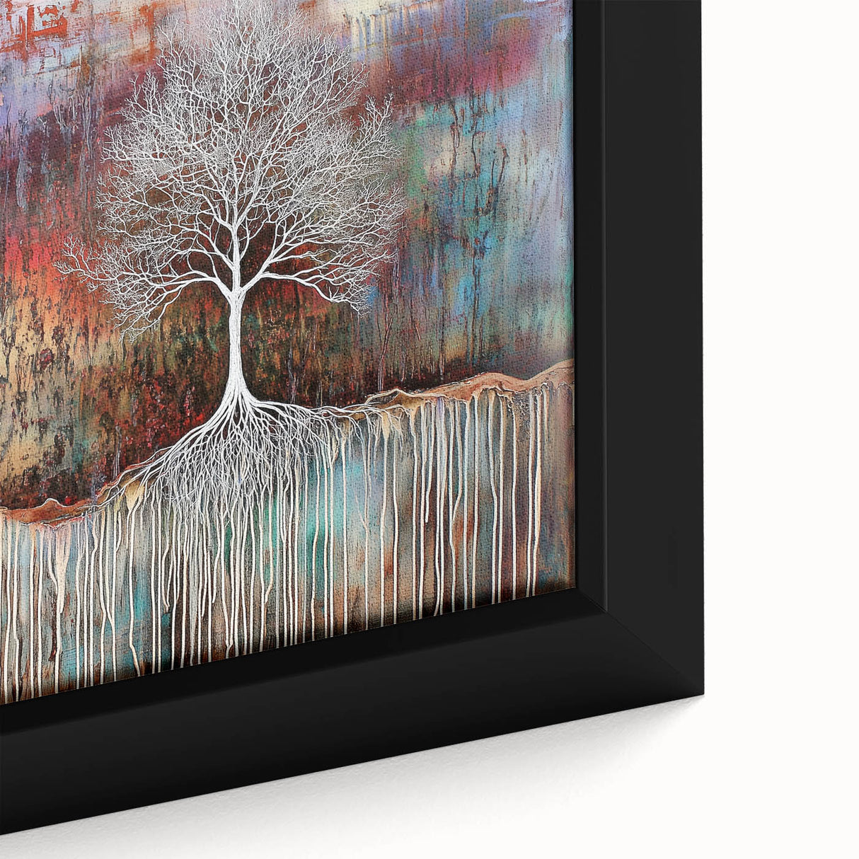 Close-up of a framed canvas artwork showcasing vibrant abstract floral designs in rich blues and pinks, adding a modern touch to any decor.