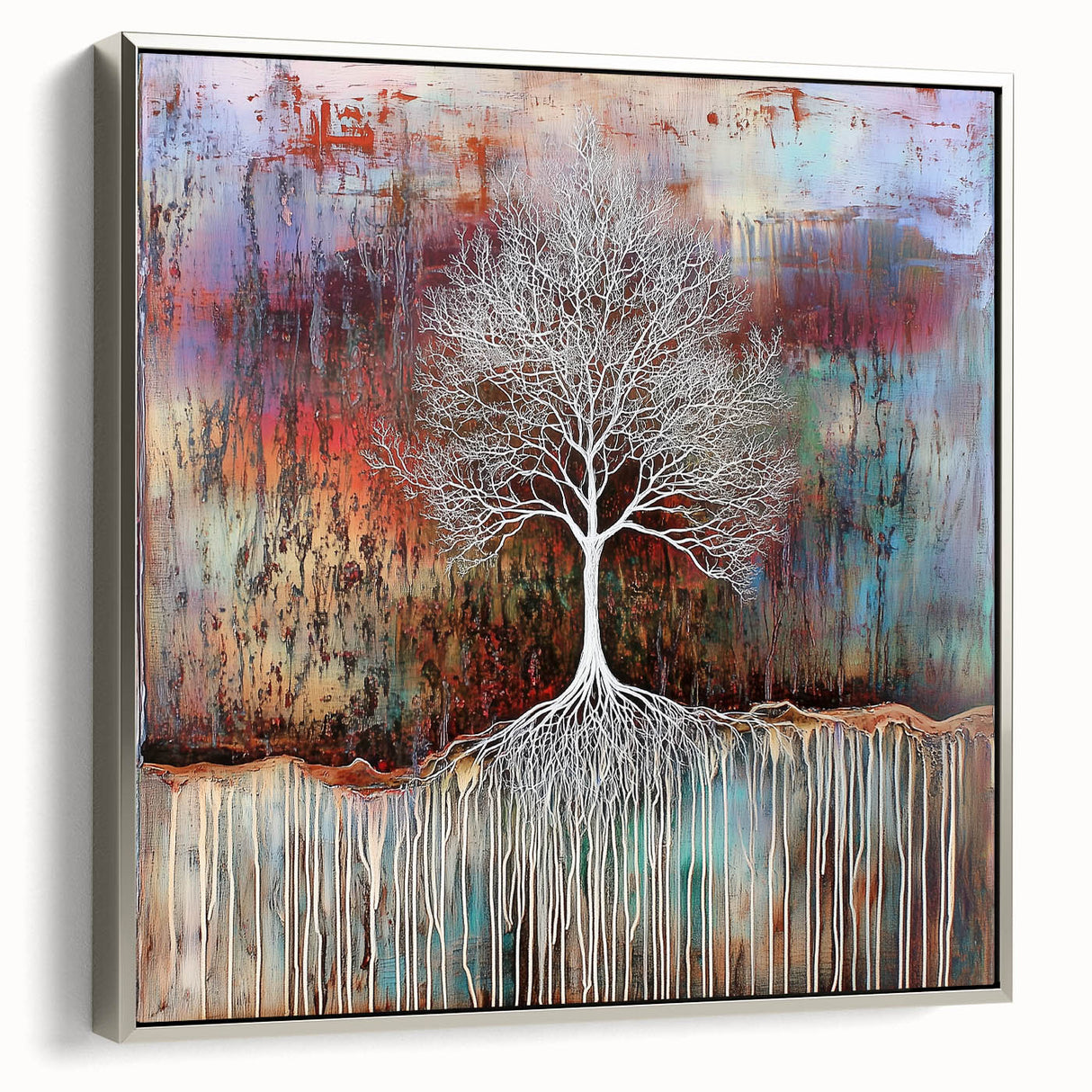 Framed canvas artwork featuring abstract floral designs in vibrant colors, displayed from a silver side view, ideal for modern home decor.