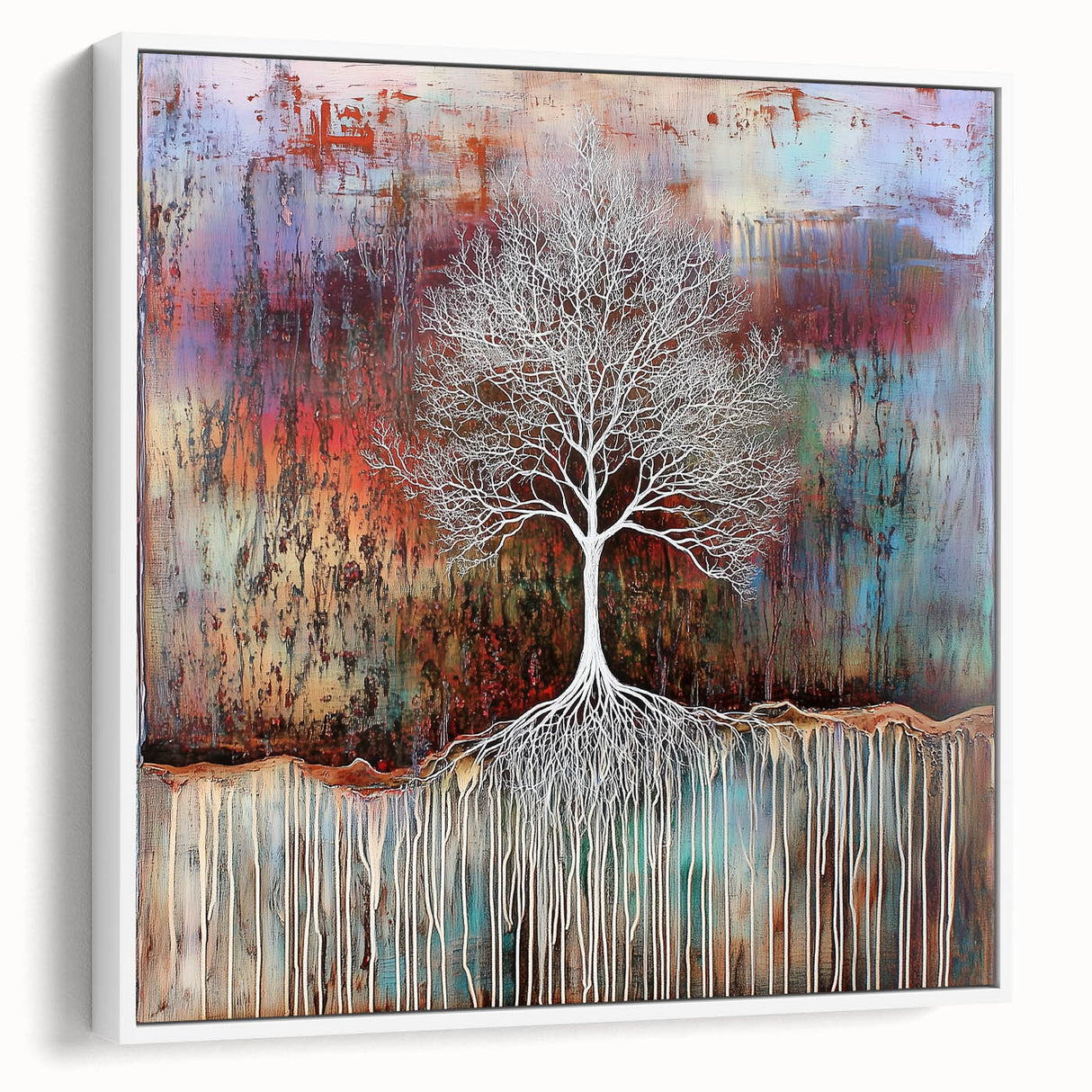 Framed canvas artwork showcasing an abstract floral design with vibrant colors, featuring a white border, ideal for modern home decor and art enthusiasts.