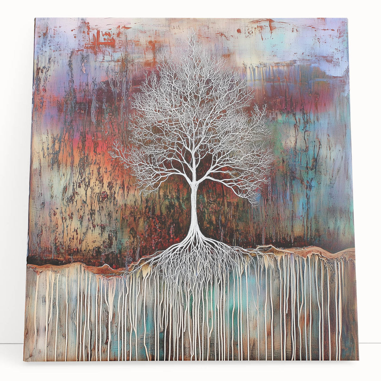 Stretched canvas artwork displaying vibrant abstract floral patterns in shades of pink, blue, and green, perfect for modern home decor.