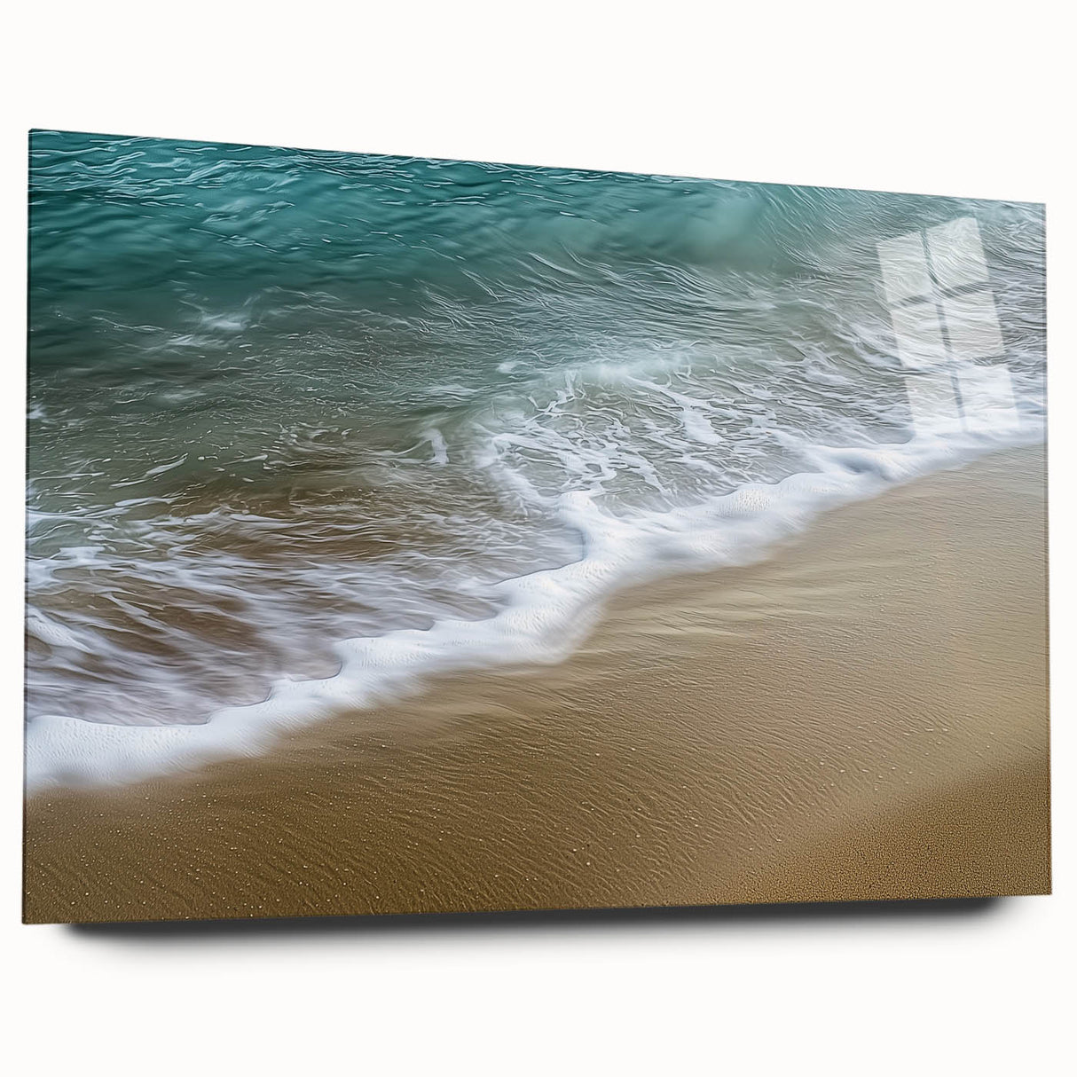 Abstract landscape art print on acrylic glass showcasing vibrant colors and fluid patterns, ideal for modern home decor. Side view highlights sleek design without pins, enhancing artistic appeal. Perfect for stylish interiors.