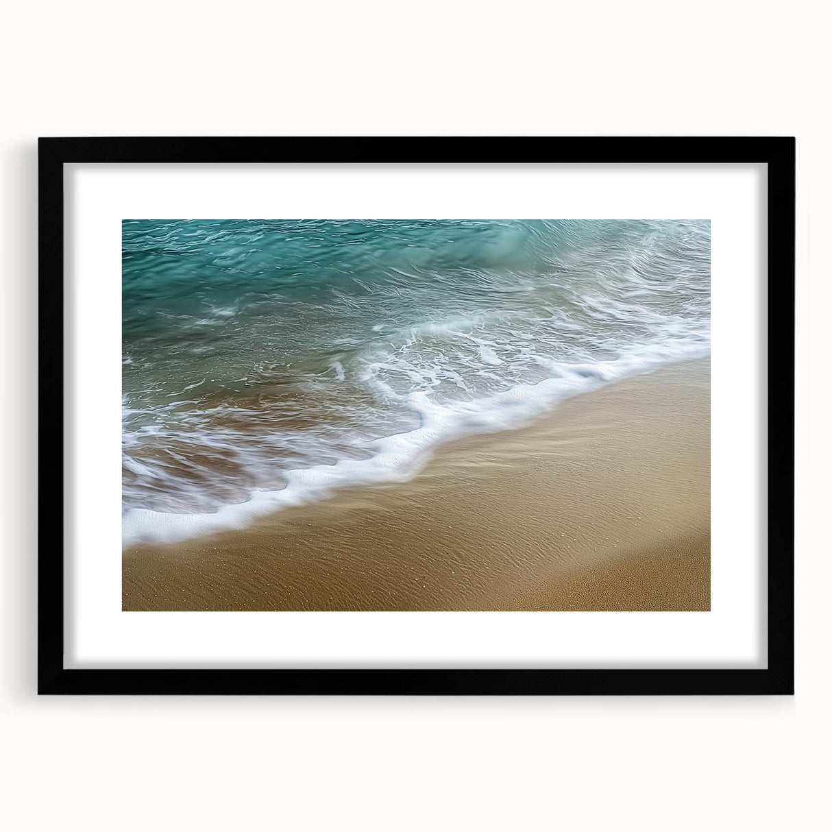 Abstract landscape artwork framed in sleek black, showcasing vibrant hues of blue and green with a white mat, perfect for home decor and modern interiors.
