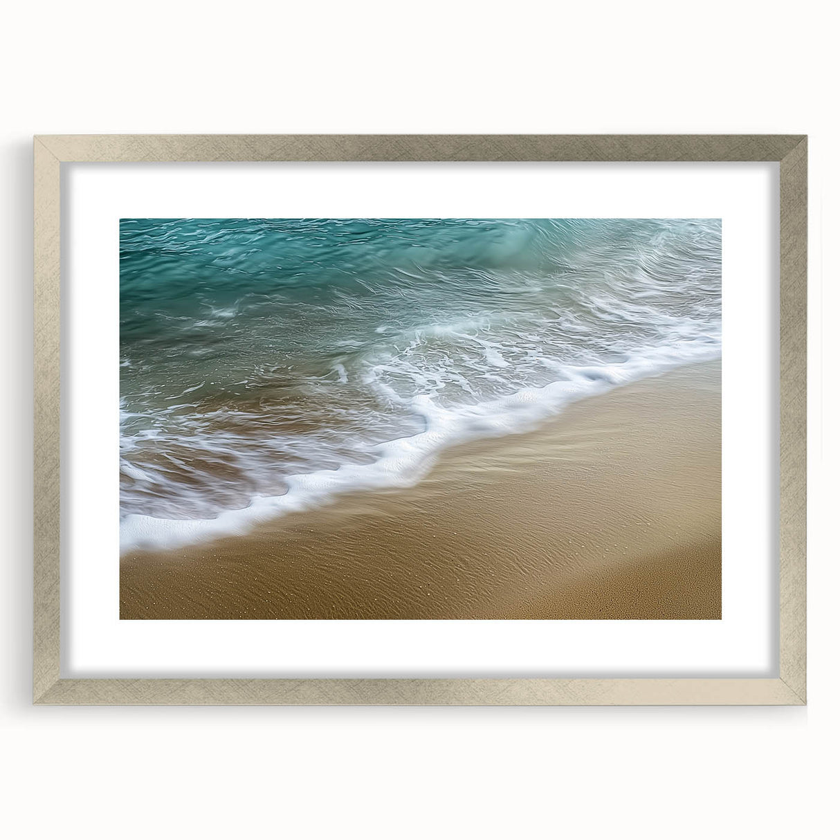 Abstract landscape framed artwork with a silver mat, showcasing soft hues of blue and green, perfect for modern home decor and enhancing living spaces.