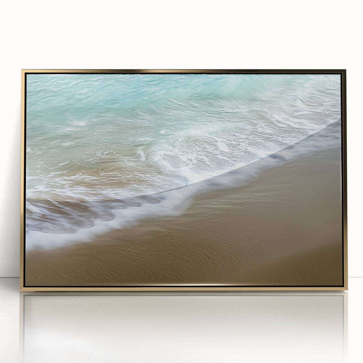 Framed acrylic art piece showcasing a stunning abstract landscape in gold tones, perfect for modern decor, enhancing any living space with elegance.