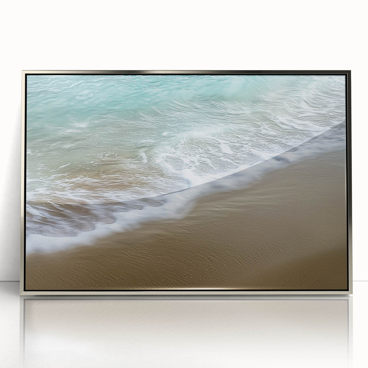 Framed abstract landscape artwork in silver acrylic, showcasing soft pastel colors and fluid shapes, perfect for modern home decor or office spaces.