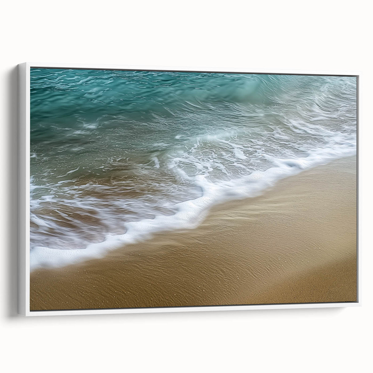 Framed abstract landscape canvas art in white, showcasing vibrant colors and dynamic shapes, enhancing modern home decor with artistic elegance.
