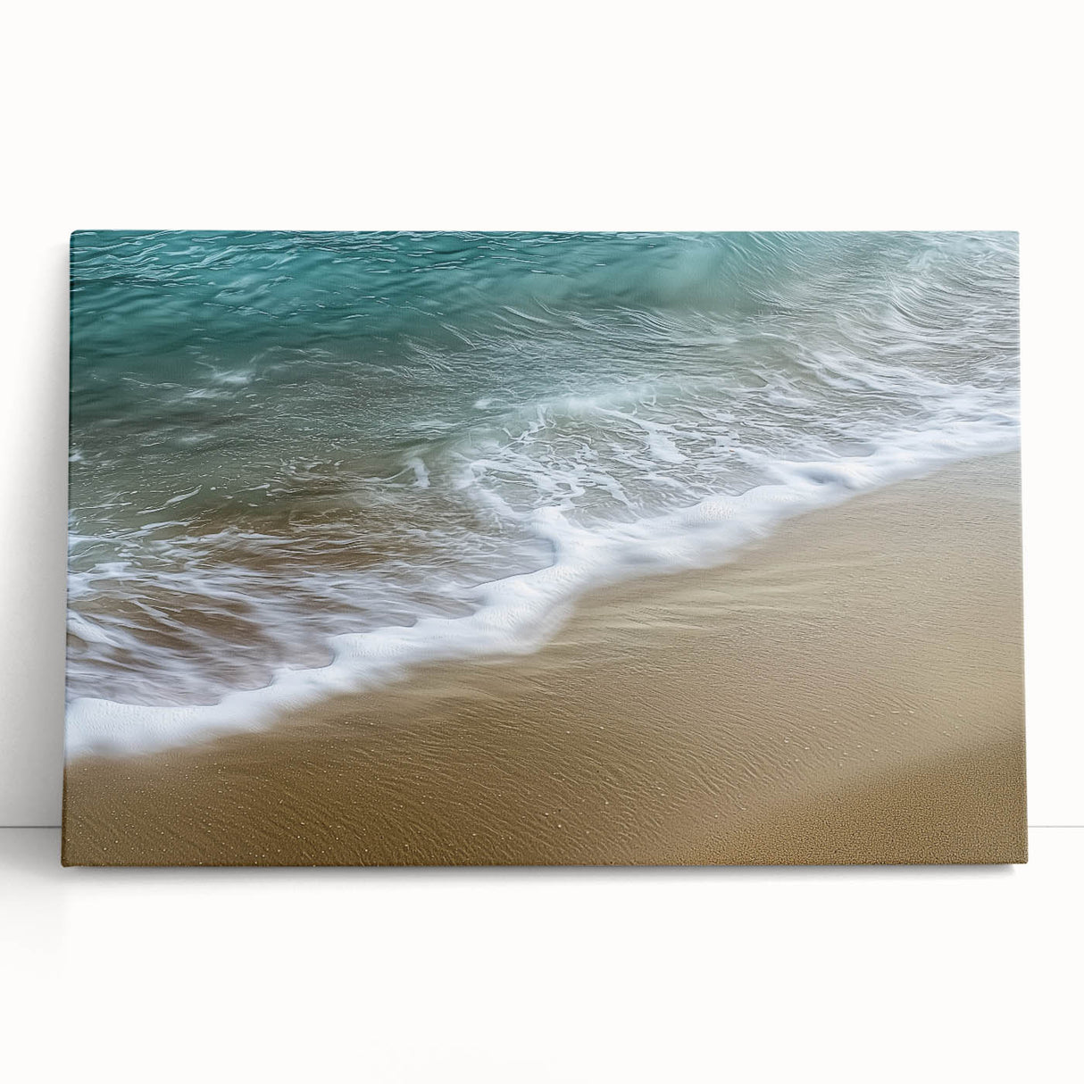 Abstract landscape stretched canvas art featuring vibrant colors and dynamic shapes, leaning against a neutral wall, perfect for modern home decor.