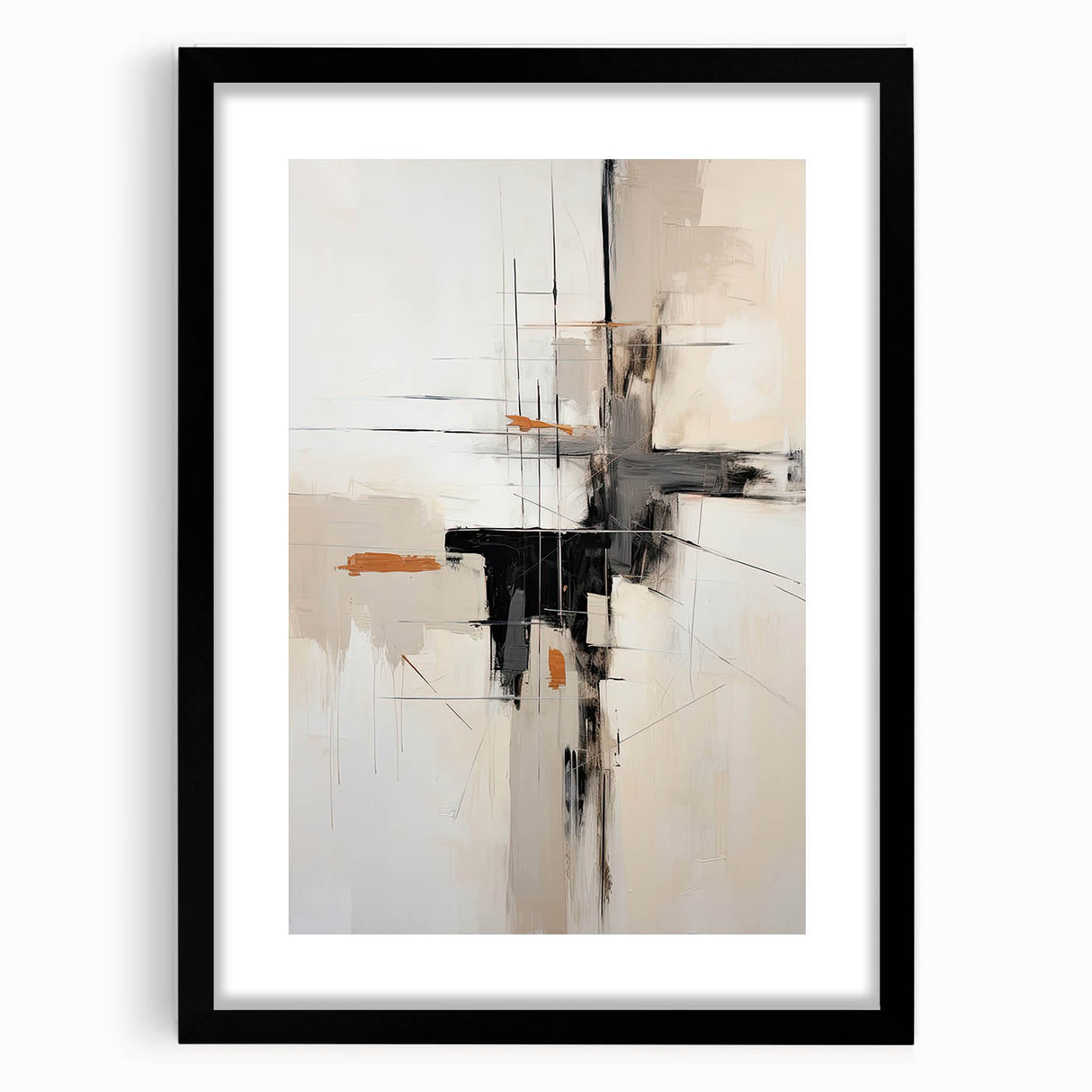 Abstract minimalist wall art framed in black with a white mat, showcasing geometric shapes and soft colors, perfect for modern home decor.