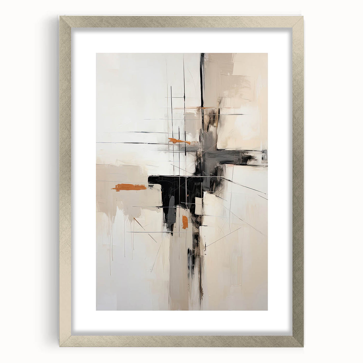 Minimalist abstract wall art framed in silver with a white mat, showcasing geometric shapes and soft colors, perfect for modern home decor or office settings.