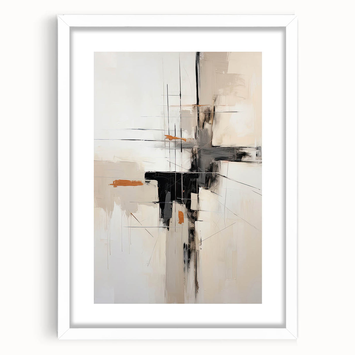 Abstract minimalist wall art framed in white with a mat, showcasing soft neutral tones and geometric shapes, perfect for modern home decor.
