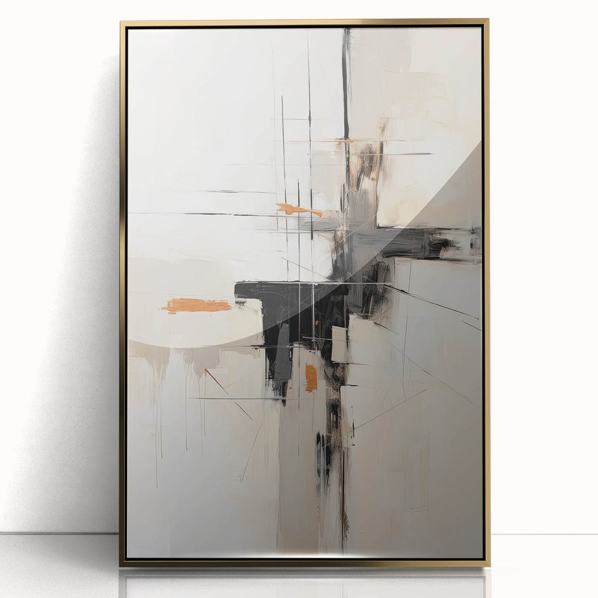 Framed acrylic wall art showcasing a minimalist abstract design, featuring gold accents and a sleek border, perfect for modern home decor.