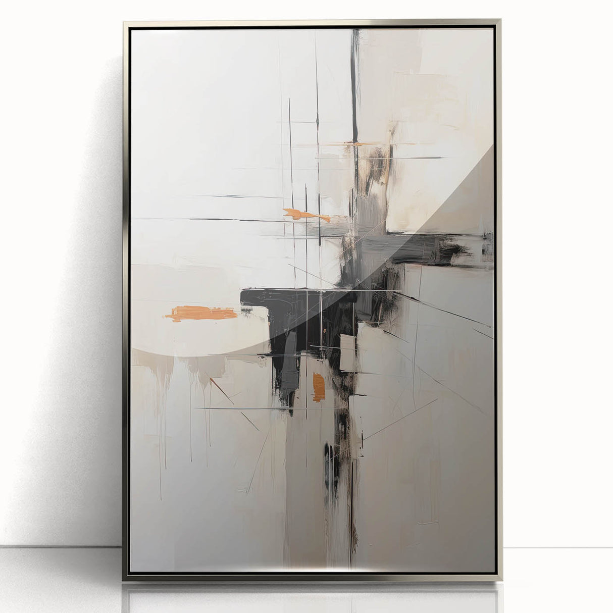 Framed abstract minimalist wall art in silver acrylic, showcasing elegant geometric patterns. Perfect for modern decor, enhancing any living space with sophistication.