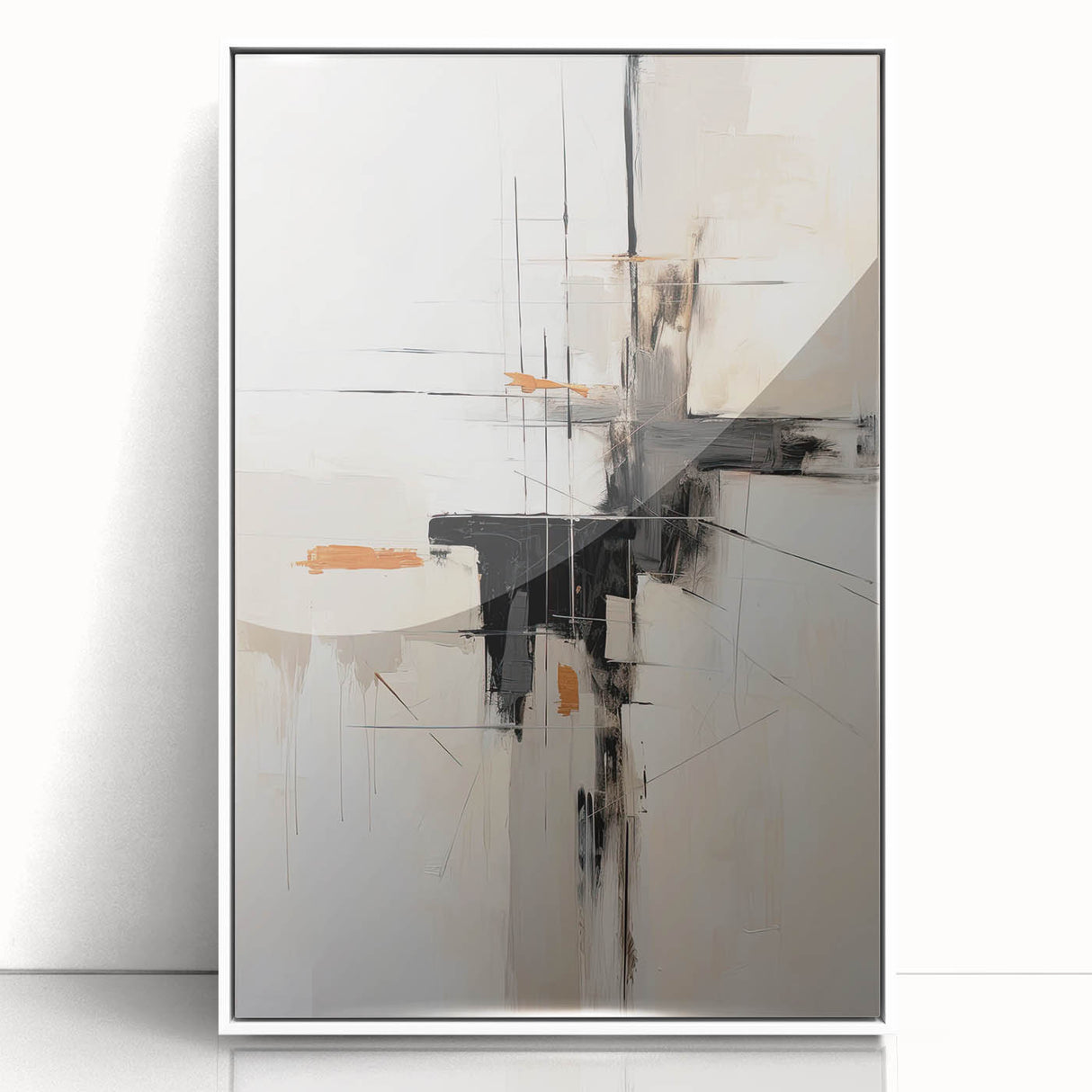 Framed minimalist wall art featuring abstract design in white and black, displayed from the front, perfect for modern home decor accents.