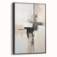 Framed abstract minimalist wall art in a sleek black frame, showcasing contemporary design elements with a textured canvas surface, ideal for modern decor.