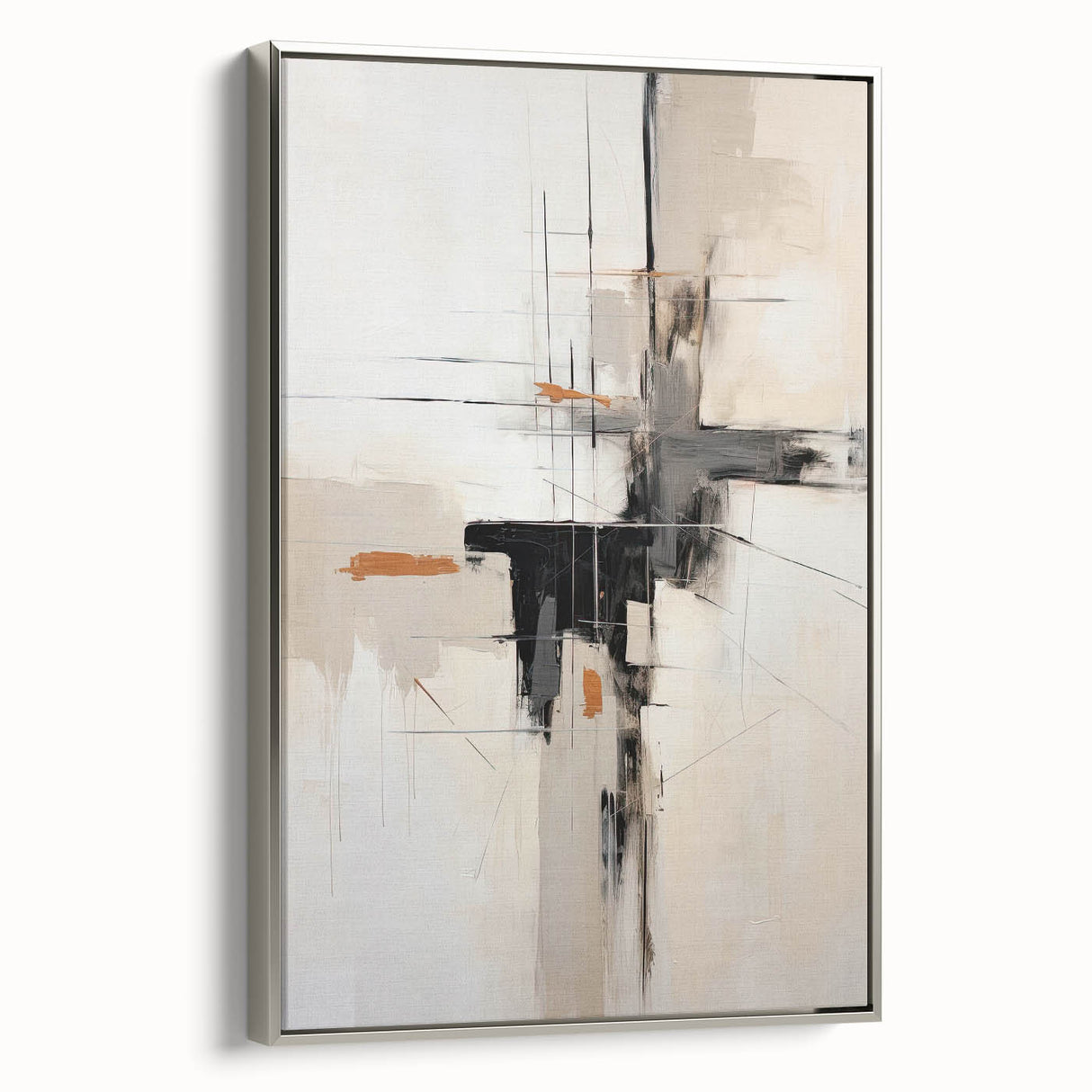Framed minimalist abstract wall art featuring a sleek silver frame and subtle color palette, designed to enhance modern interior decor with elegance and sophistication.