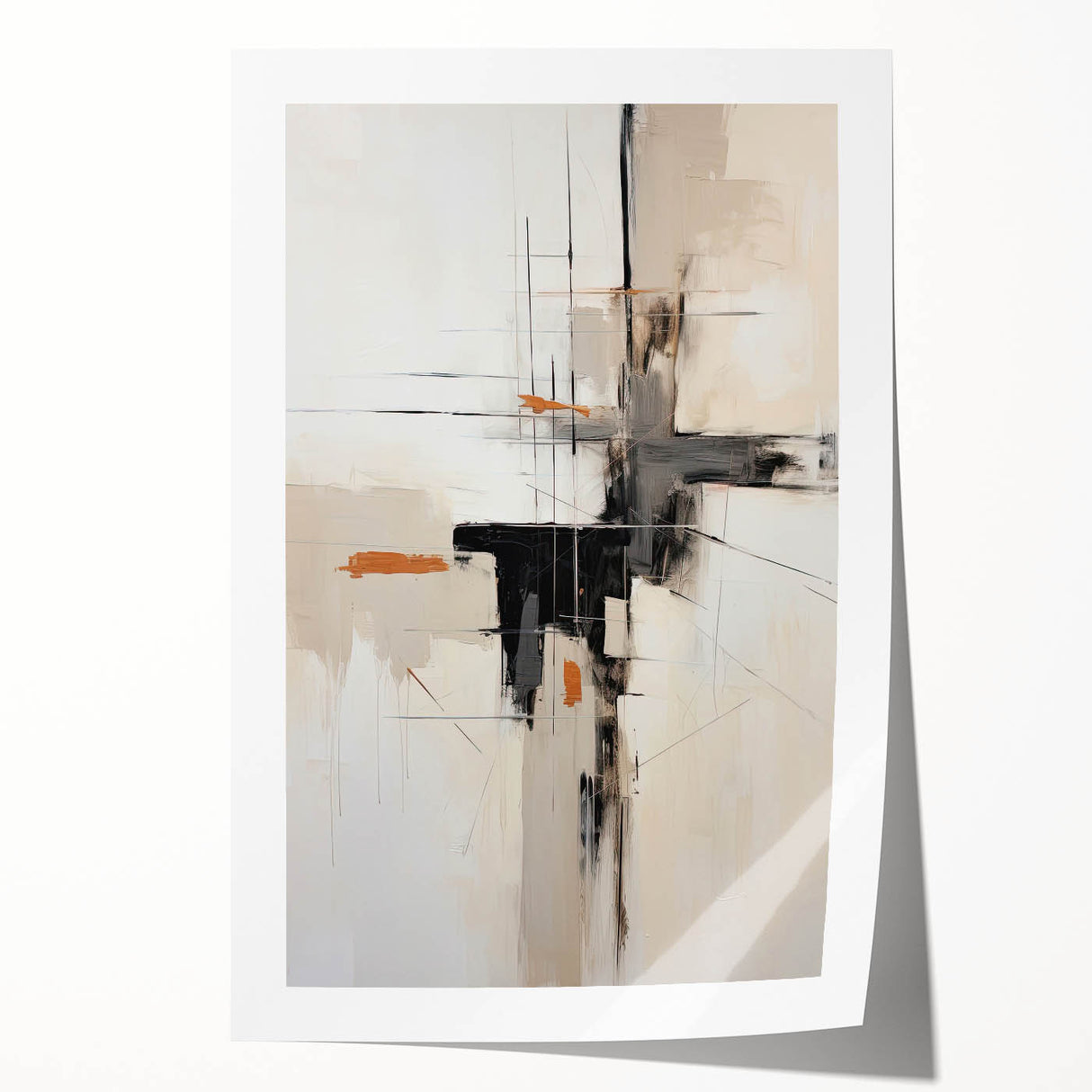 Abstract minimalist wall art print showcasing soft pastel colors and geometric shapes, elegantly rolled and packaged in a protective cardboard tube for easy transport and display.