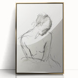 Framed abstract figurative art piece featuring gold accents and a modern design, ideal for contemporary home decor, showcasing elegance and sophistication.