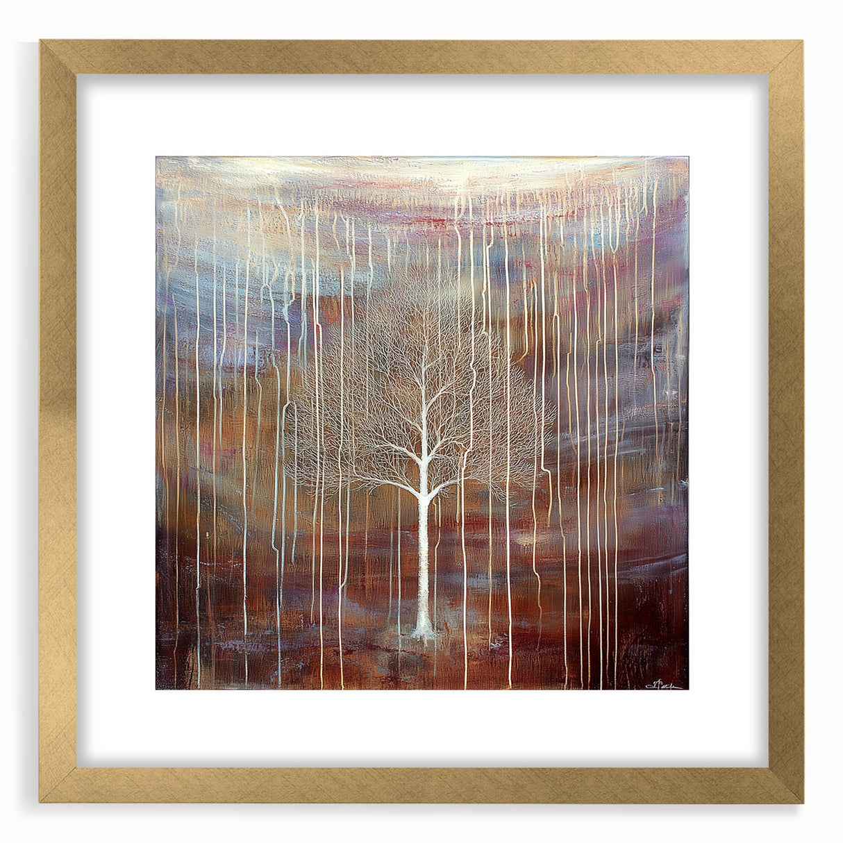Abstract floral design framed in gold with a mat, showcasing vibrant colors and intricate patterns, ideal for modern home decor. Perfect for enhancing any living space.