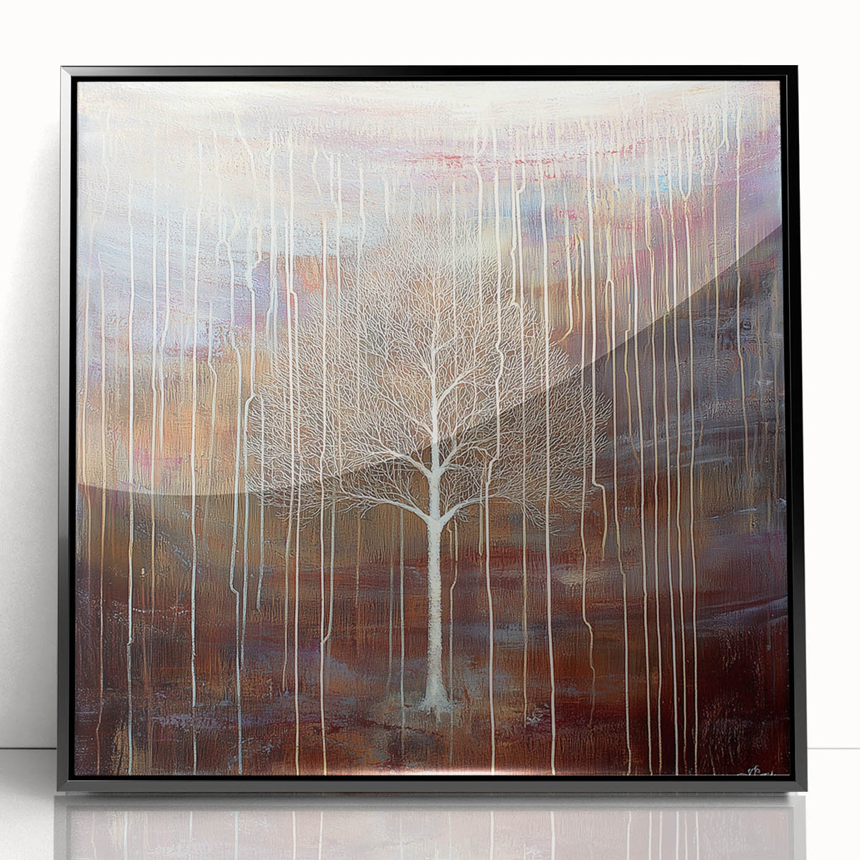 Framed acrylic artwork showcasing an abstract floral design in vibrant colors, featuring a sleek black frame, ideal for modern home decor or office settings.