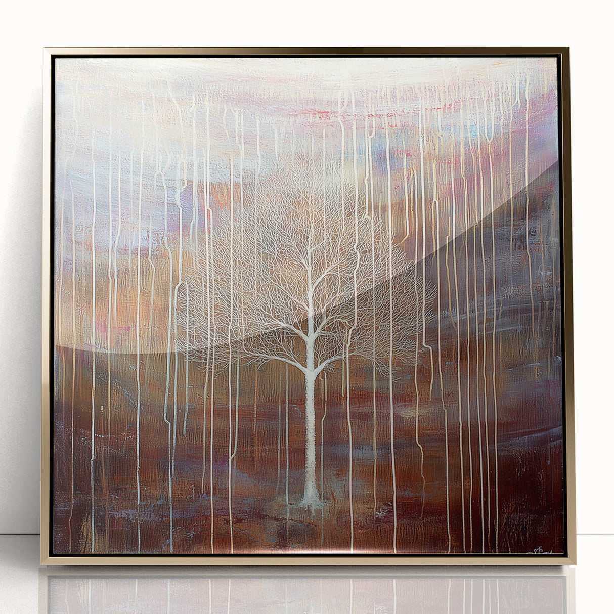 Framed acrylic artwork showcasing vibrant abstract floral designs in gold tones, perfect for modern home decor. Ideal for enhancing living spaces with elegance.