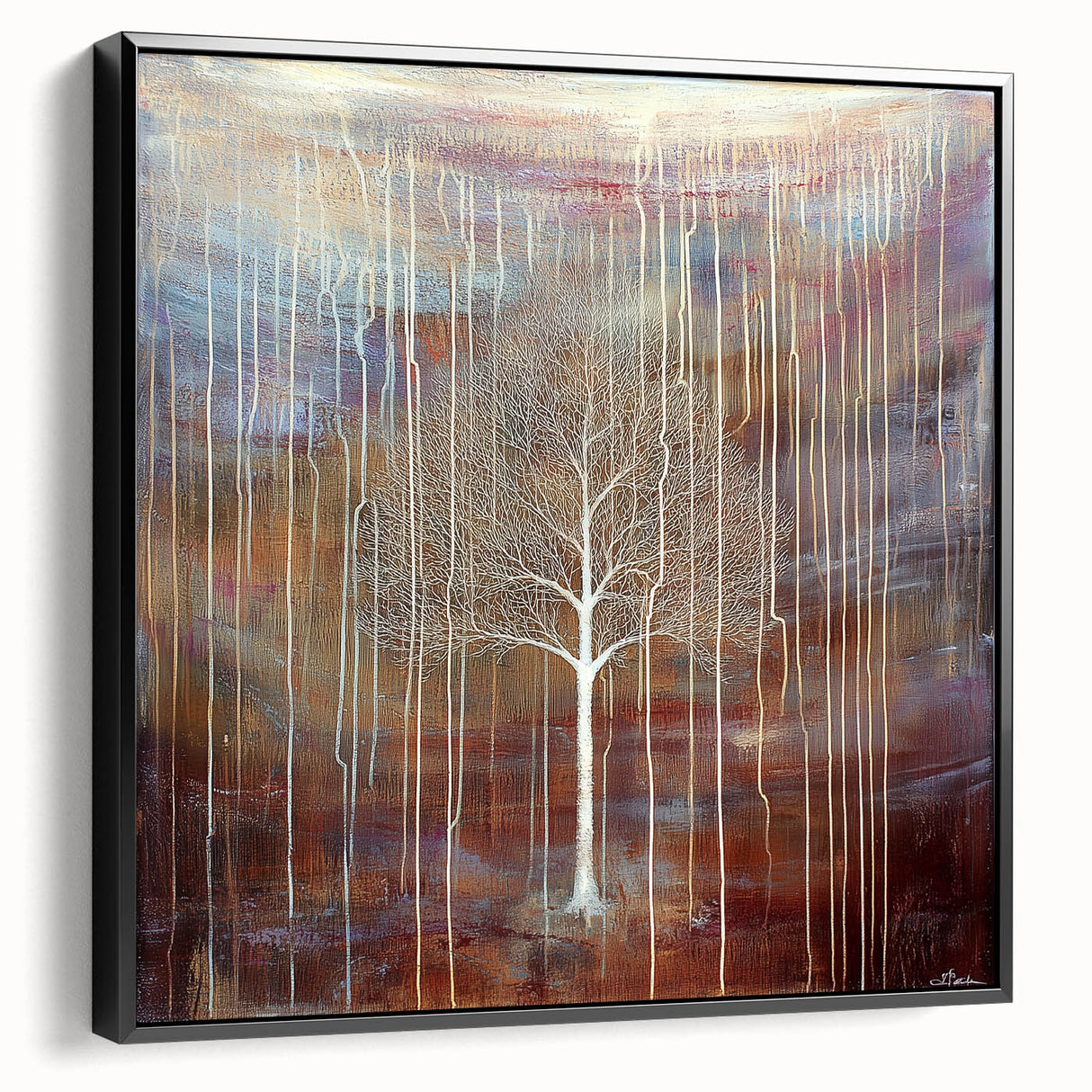 Framed canvas artwork showcasing vibrant abstract floral designs in bold colors against a sleek black background, ideal for modern home decor.
