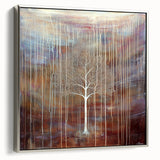 Framed canvas artwork showcasing an abstract floral design in vibrant colors, set against a sleek silver frame, ideal for modern home decor.