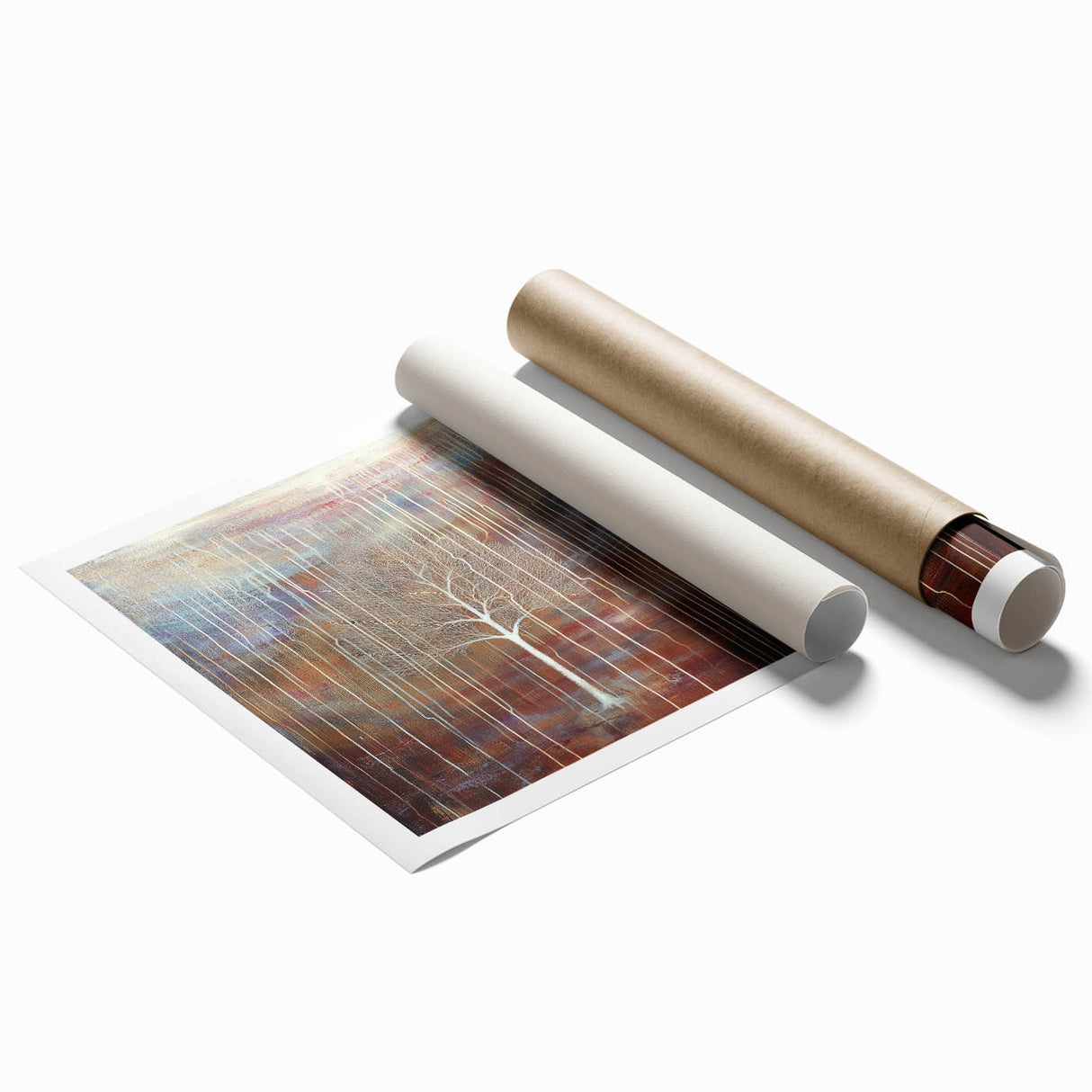 Abstract floral design rolled print showcasing vibrant colors and intricate patterns, elegantly packaged in a protective cardboard tube for art enthusiasts. This artwork adds a modern touch to home decor, perfect for living spaces or galleries.