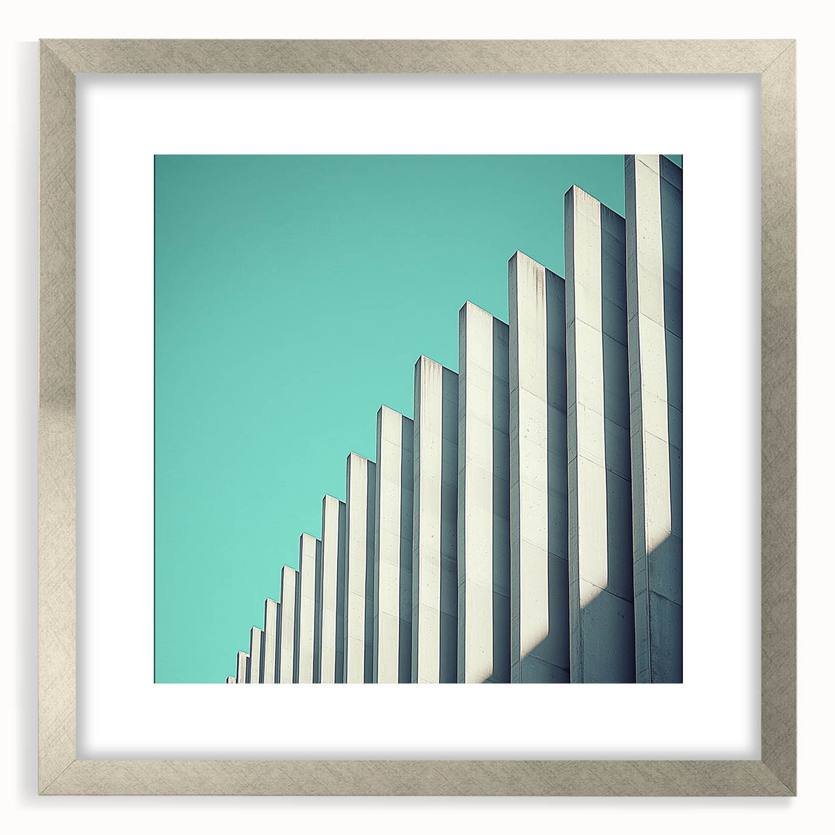 Abstract landscape artwork framed in silver, featuring a modern design with a mat, showcasing vibrant colors and intricate details, perfect for enhancing home decor.