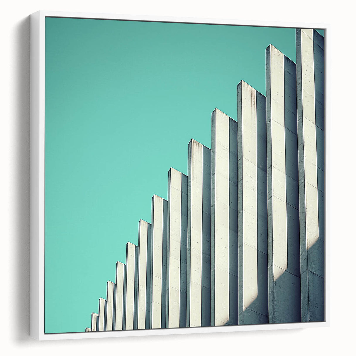 Abstract landscape framed canvas artwork showcasing a serene white and blue color palette, highlighting a modern artistic interpretation of nature. Perfect for contemporary home decor.