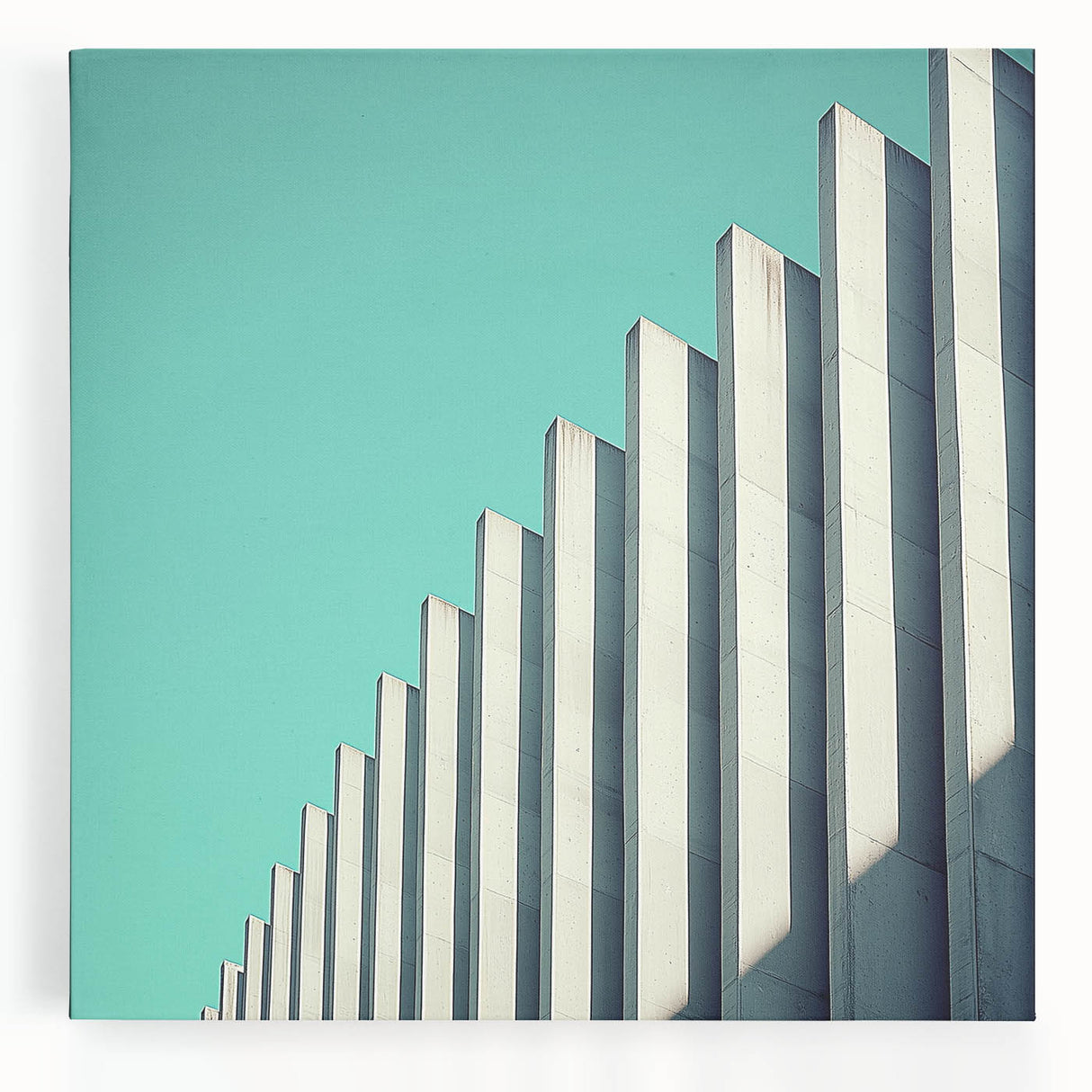 Abstract landscape stretched canvas artwork featuring vibrant hues of blue, green, and gold, showcasing a serene nature scene with gentle hills and a peaceful sky, perfect for modern home decor.