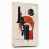 Abstract minimalist wall art displayed in a side view, showcasing vibrant colors and geometric shapes, mounted with decorative pins on an acrylic glass background. Perfect for modern home decor.