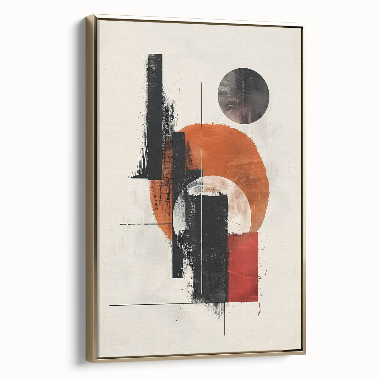 Abstract minimalist wall art framed canvas featuring a gold design, showcasing a sleek side view that highlights its elegant finish and modern aesthetic.