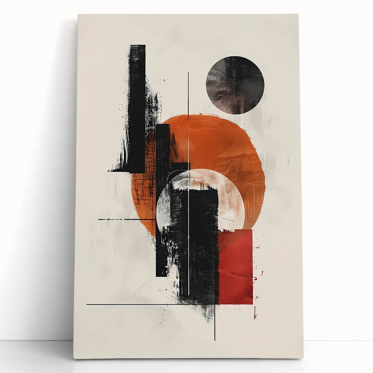 Abstract minimalist wall art on stretched canvas, featuring soft beige and white tones, elegantly leaning against a light-colored wall, adding a tranquil atmosphere to any modern decor.