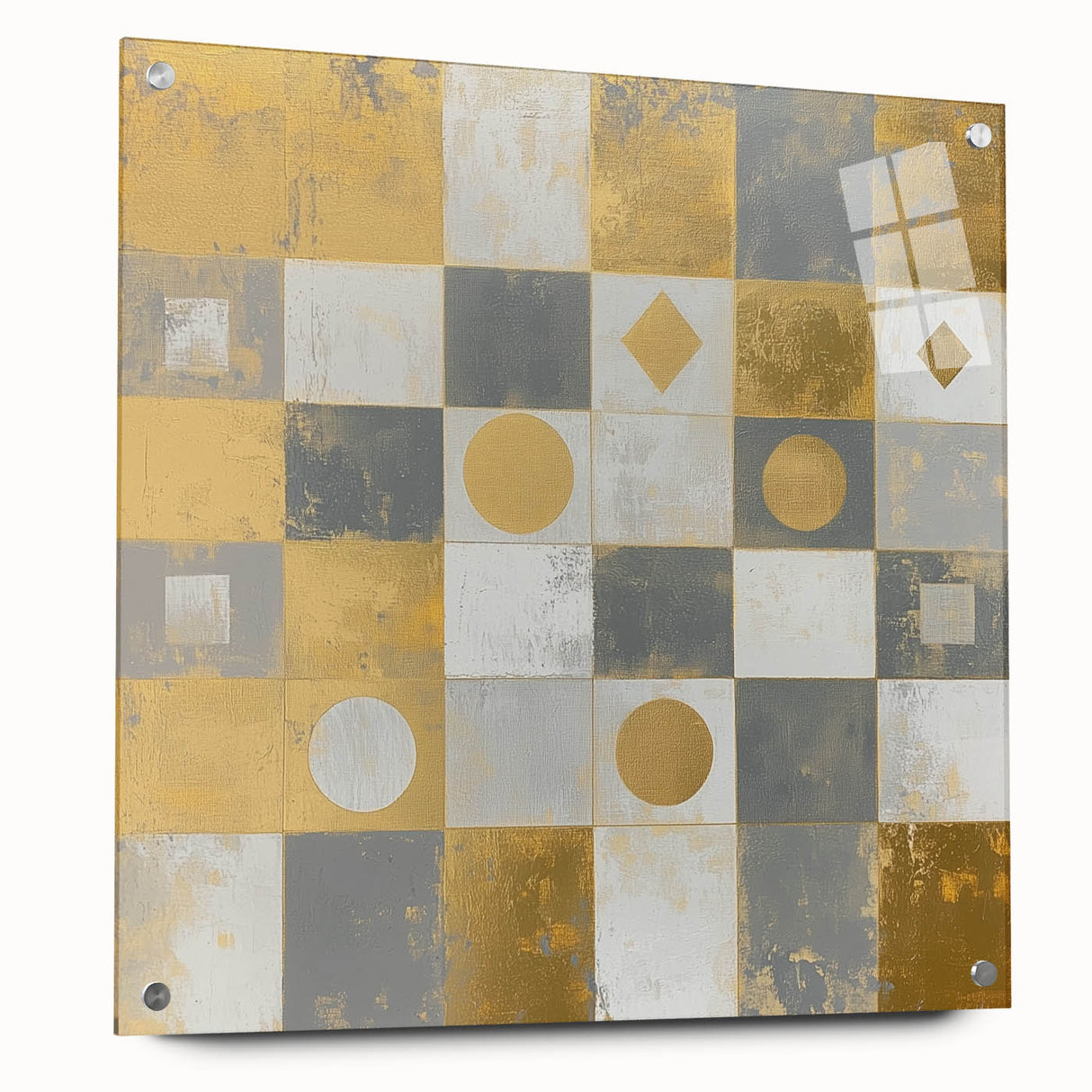 Geometric Abstract Wall Art – Gold, White & Gray Modern Canvas