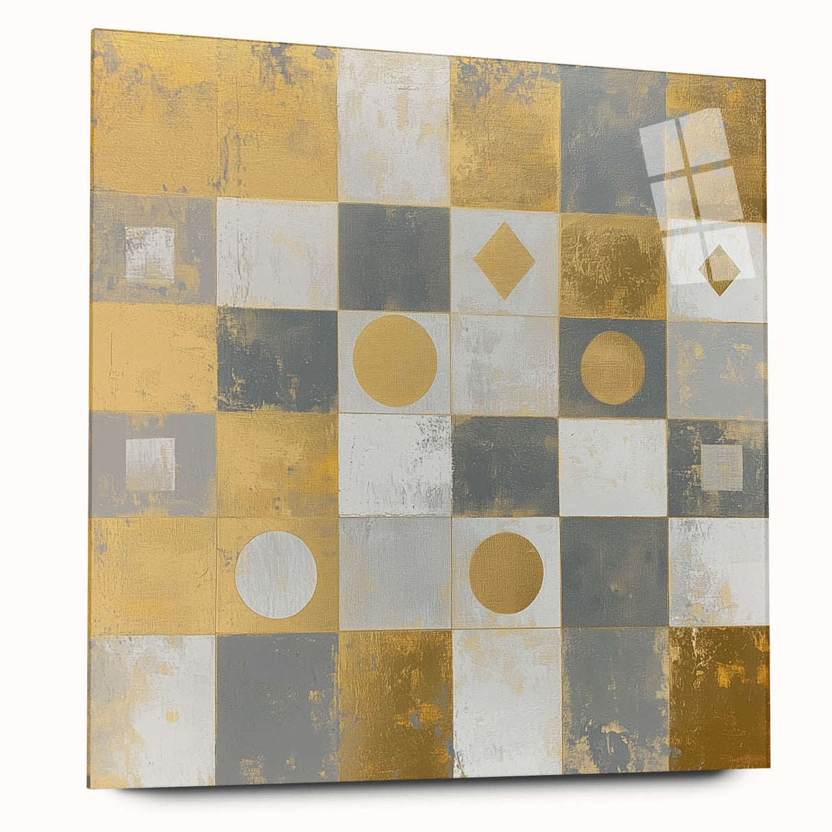 Geometric Abstract Wall Art – Gold, White & Gray Modern Canvas