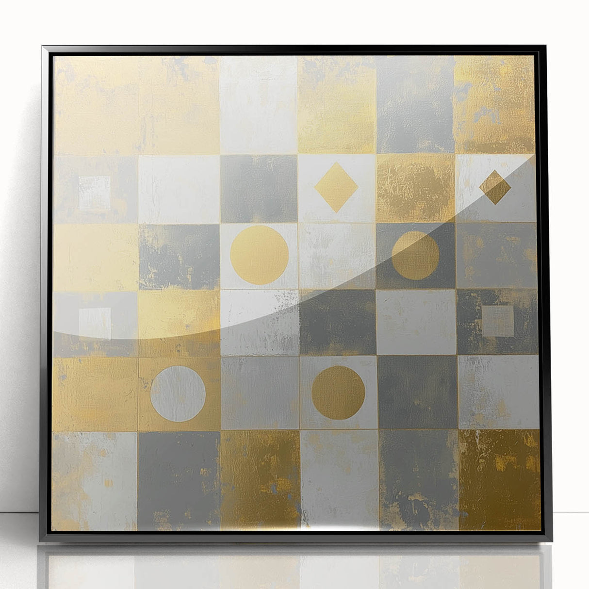 Geometric Abstract Wall Art – Gold, White & Gray Modern Canvas