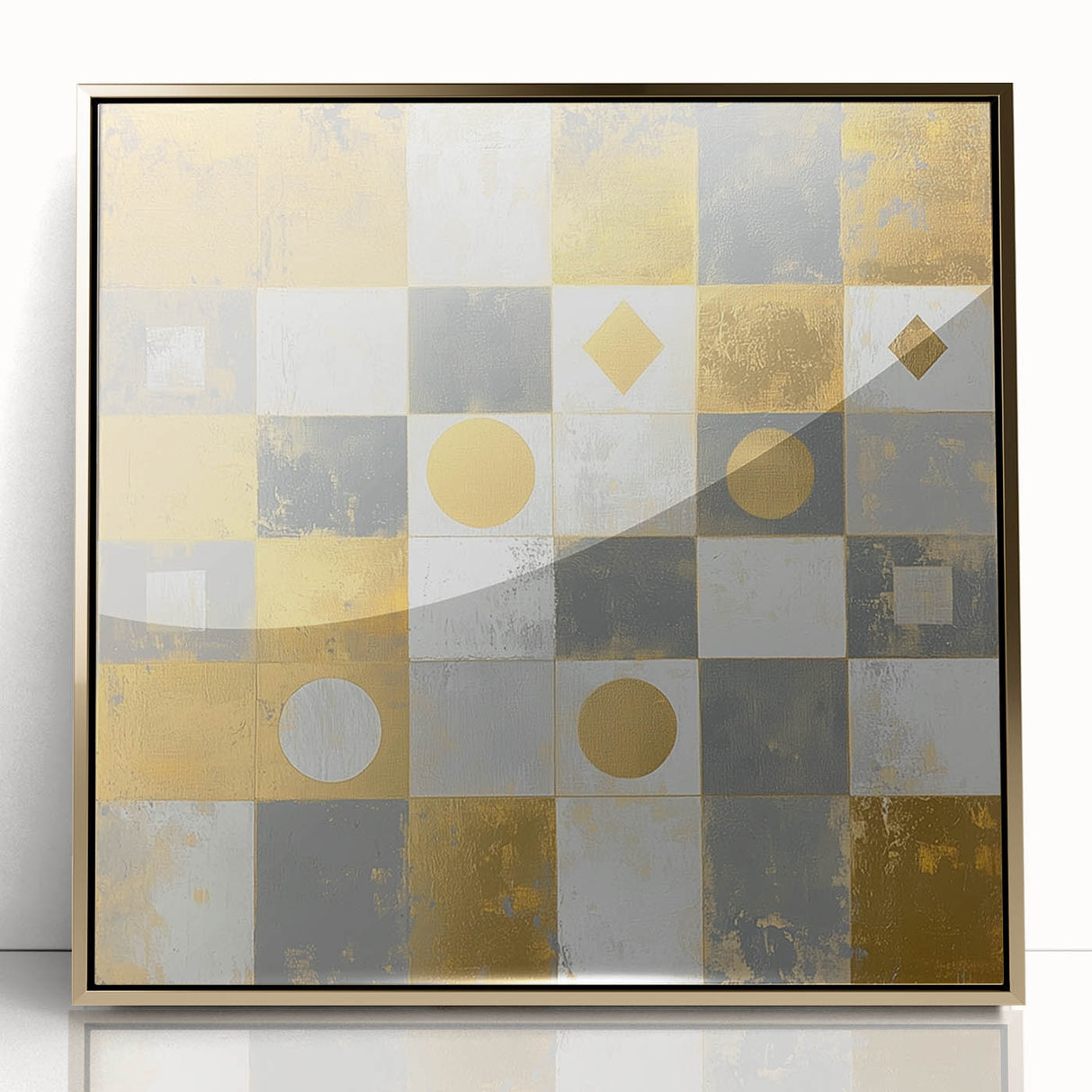 Geometric Abstract Wall Art – Gold, White & Gray Modern Canvas