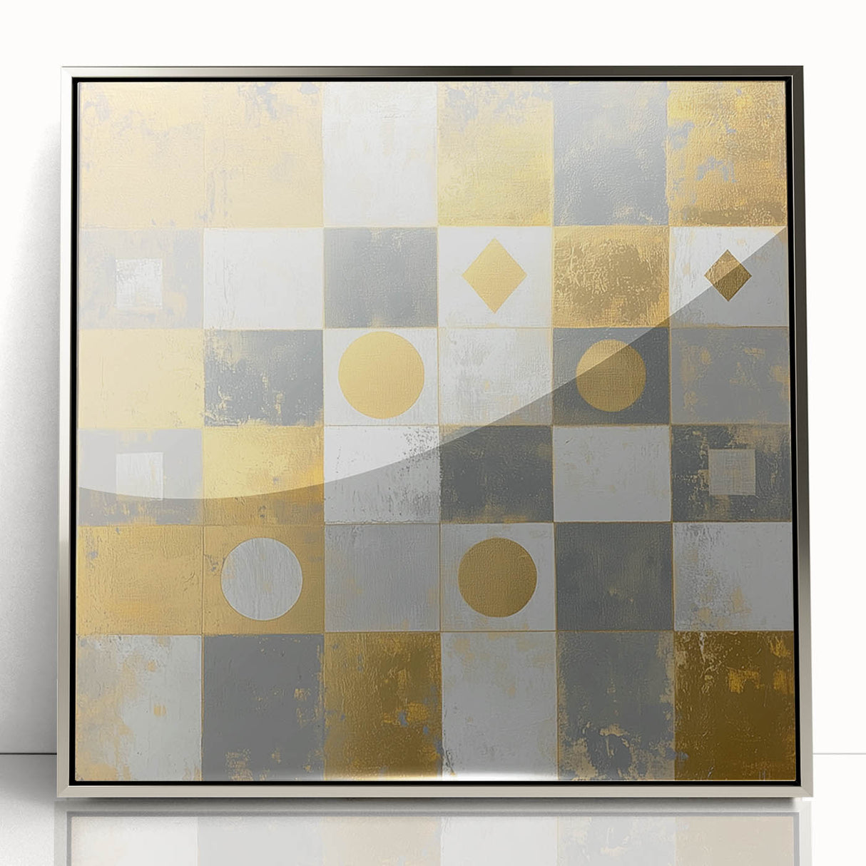 Geometric Abstract Wall Art – Gold, White & Gray Modern Canvas
