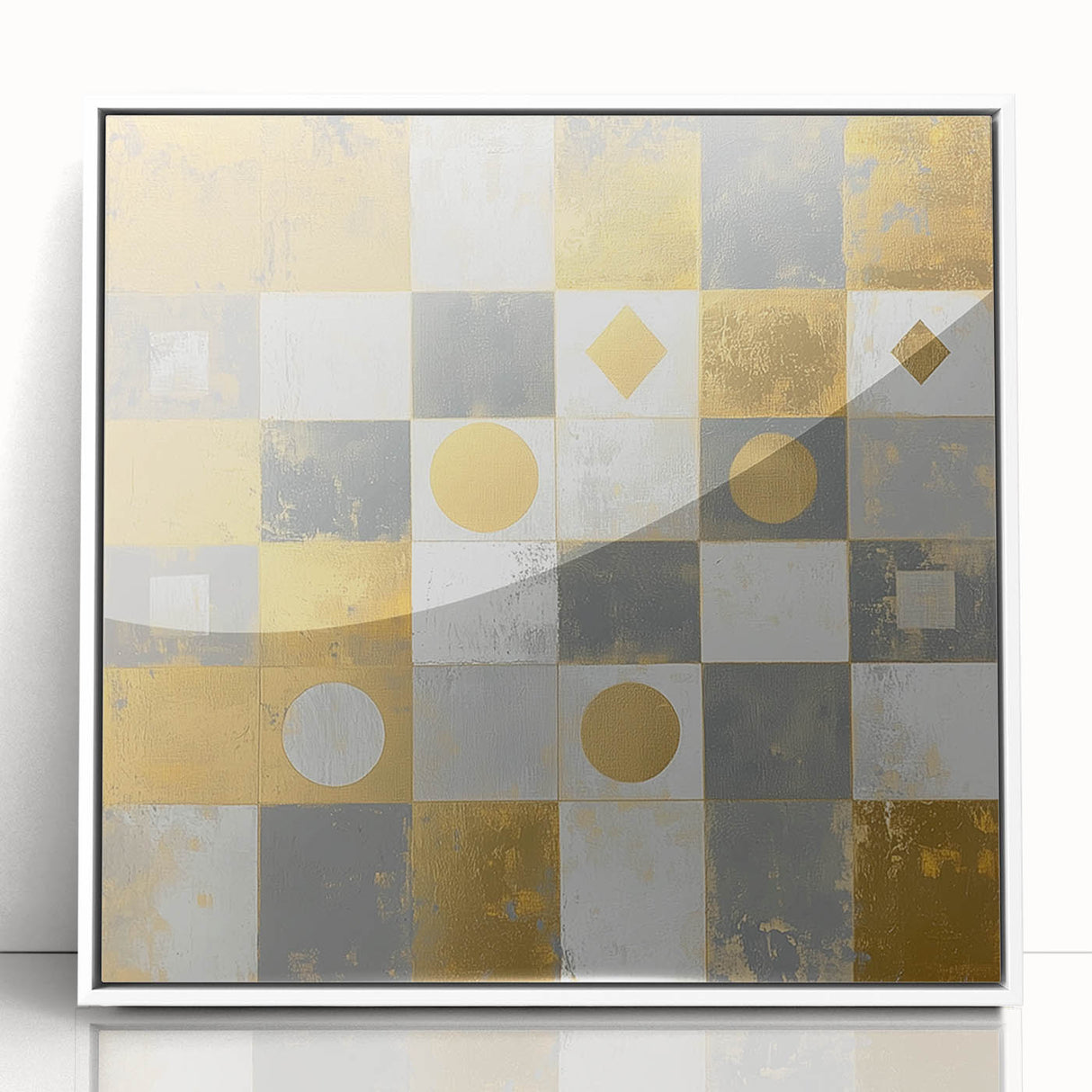 Geometric Abstract Wall Art – Gold, White & Gray Modern Canvas