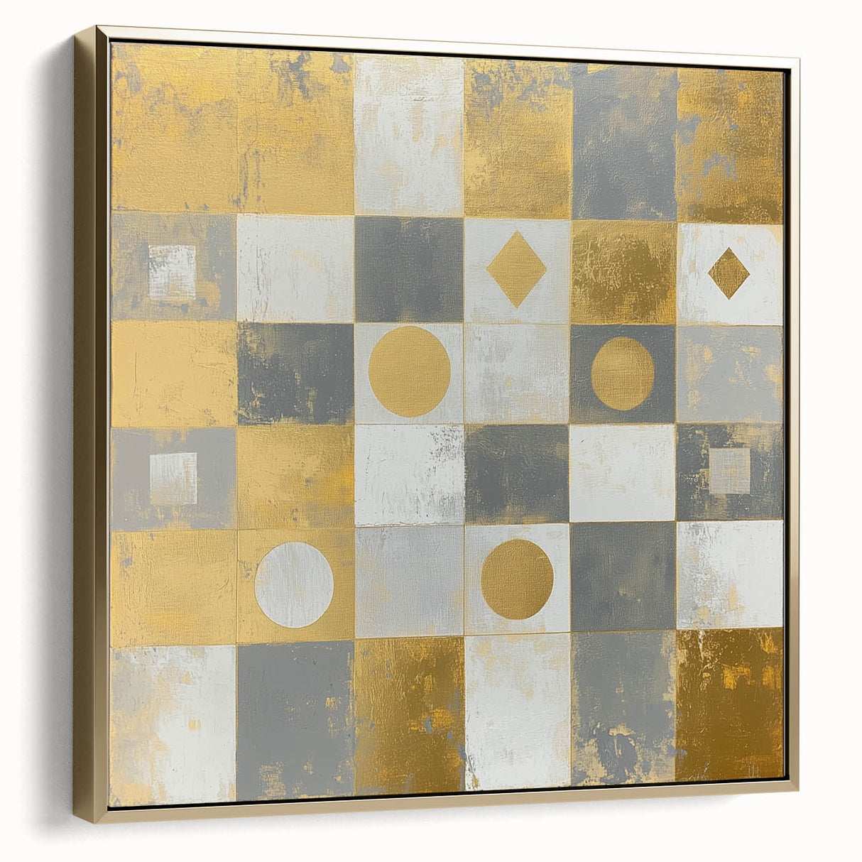 Geometric Abstract Wall Art – Gold, White & Gray Modern Canvas