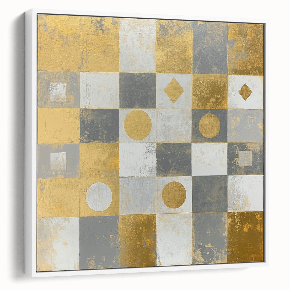 Geometric Abstract Wall Art – Gold, White & Gray Modern Canvas